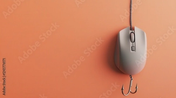Fototapeta Computer Mouse Hanging from a Fishing Hook on an Orange Background