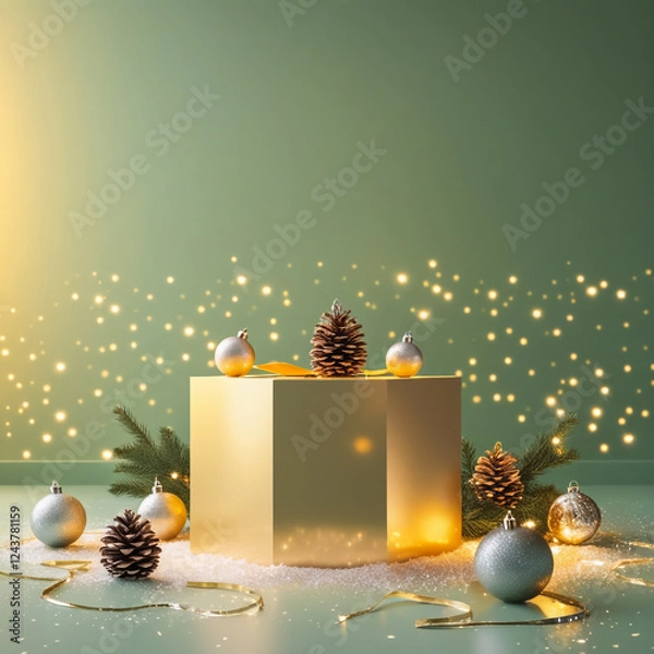 Fototapeta Shiny Christmas scene with a Christmas tree and illuminated red baubles, ornamental gift boxes with lamps, a lantern and bokeh lights backgroundShiny Christmas scene with a Christmas tree and illumina
