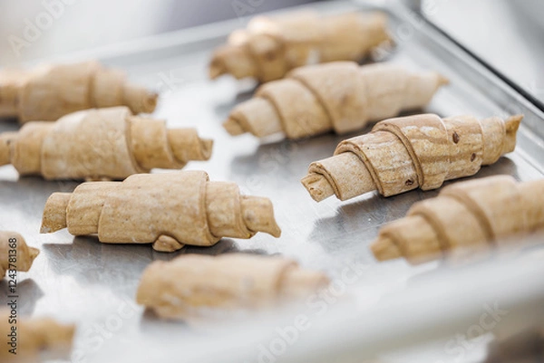 Fototapeta Freshly rolled raw croissants on stainless steel tray in bakery factory, top view