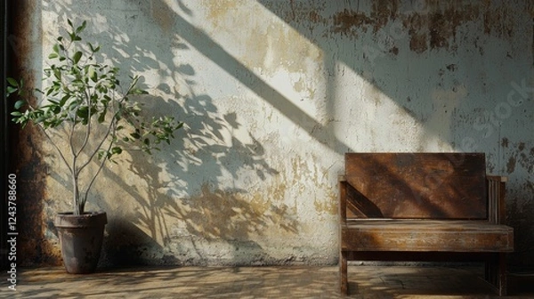 Obraz Rustic corner with wooden bench and sunlight shadows