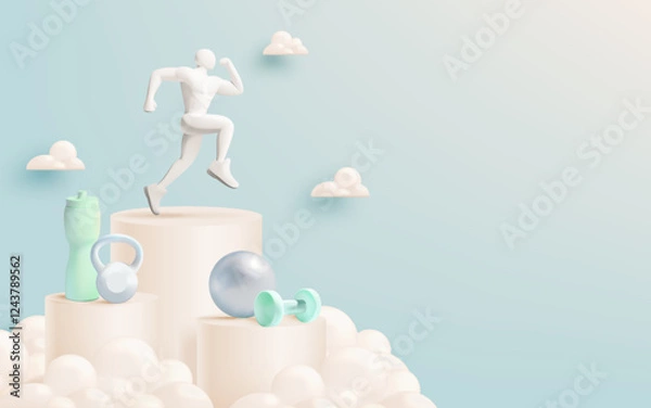 Fototapeta Fitness Concept with Gym Equipment and Flexing Figure on Gradient Background