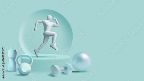 Fototapeta Fitness Concept with Gym Equipment and Flexing Figure on Gradient Background