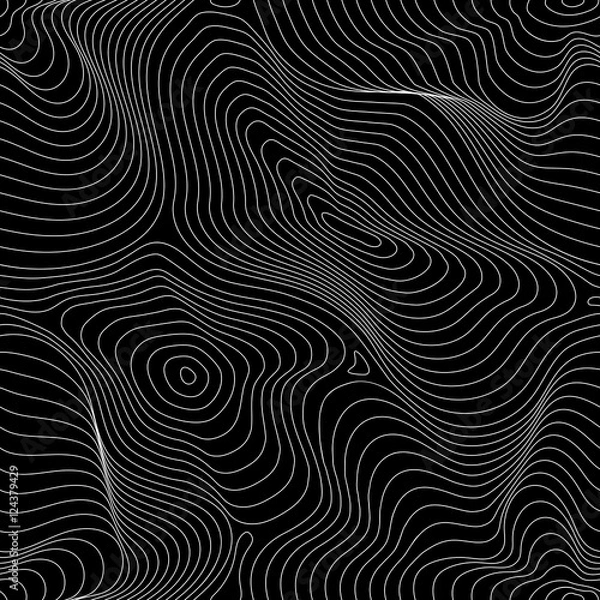 Obraz Vector monochrome seamless pattern, curved lines, dark background with visual halftone 3D effect. Abstract dynamical rippled surface, illusion of movement, curvature. Repeat design for tileable print