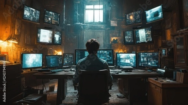 Fototapeta Hacker monitoring screens in dark room, surveillance