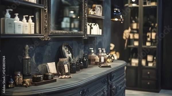 Fototapeta Vintage apothecary shelf with antique bottles and decor