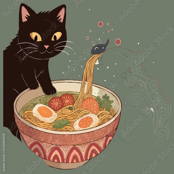 Fototapeta Vintage style illustration of cute cat eating sketch noodle. Generative AI.