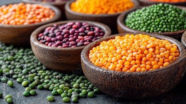 Fototapeta Colorful legumes in wooden bowls on dark surface. Various types of lentils and beans displayed