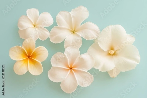 Fototapeta Fresh Tropical Flowers Arranged Symmetrically on a Pastel Background Creating a Minimalist Composition