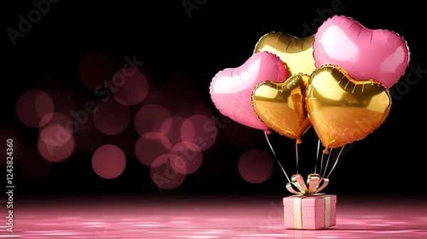 Fototapeta Heart-Shaped Balloons and Gift Box Against a Soft Bokeh Background
