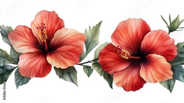 Fototapeta red hibiscus flower and leaf isolated on transparent background