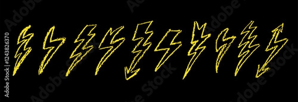Fototapeta Set of lightning by wax pencil drawing. Collection of handdrawing chalk , light flash signs, Doodle thunder bolts, golden color design elements. Graffiti style weather symbols. Vector illustration