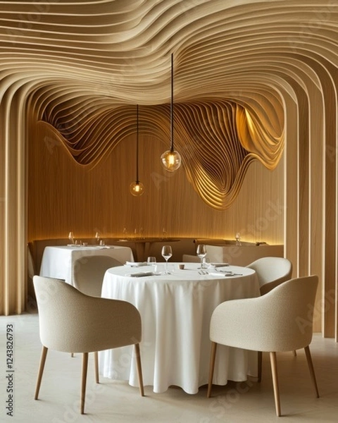 Fototapeta Acoustic ceiling sound absorb. A chic restaurant interior featuring elegant wooden waves, soft lighting, and a round table set for a refined dining experience.
