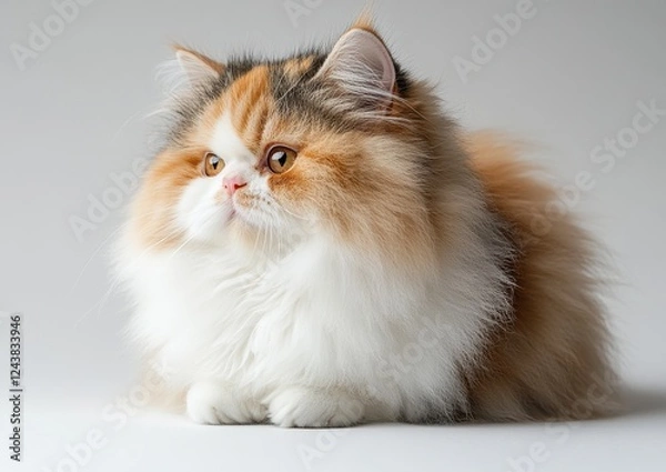 Fototapeta Fluffy Persian Cat with Colorful Fur Sitting Gracefully on White Background, Captivating Cat Features with Soft Fur and Charming Expression