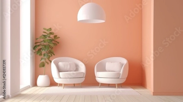 Obraz Cozy Living Room with Peach Fuzz Walls and Minimalist Furniture, Contemporary Design Elements and Natural Light for Modern Homes