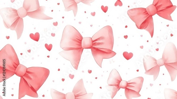 Fototapeta A seamless vector pattern of pink and red ribbons and hearts, perfect for Valentine's Day wrapping paper, digital backgrounds, and festive designs.