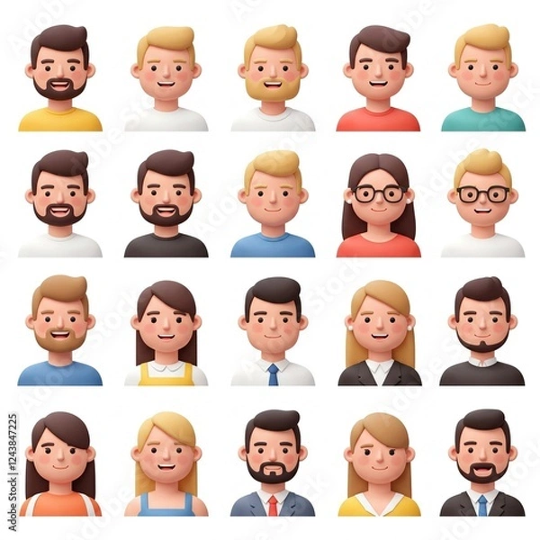 Obraz 3D avatars set. Character portrait of cheerful men and women. Vector illustration in cartoon style