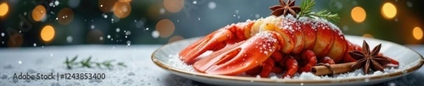 Fototapeta Lobster tail wrapped in festive cinnamon sticks and star anise on a snowy winter tablecloth, snowflake, winter, inviting