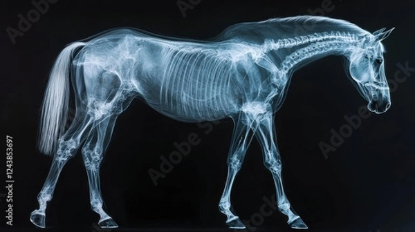 Fototapeta X Ray style image of a horse, rendered in shades of blue and white against a black background. The image gives an ethereal, almost skeletal feel to the animal.