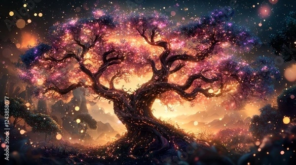 Fototapeta Majestic Enchanted Tree Glowing in Fantasy Landscape at Twilight Captivating Nature Scene from an Enchanted Forest