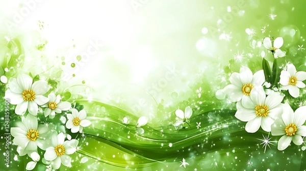 Fototapeta White Flowers Bloom Amidst Green Wavy Background