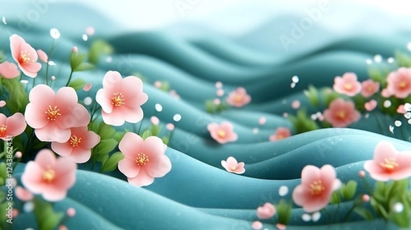 Obraz Delicate Pink Blossoms on a Teal Wavy Surface