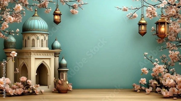Obraz Elegant Mosque Model with Blossoming Branches and Lanterns