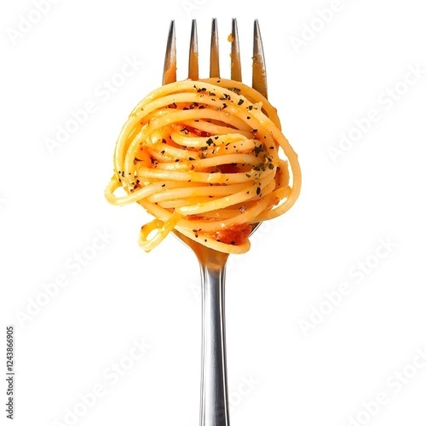 Fototapeta Spaghetti Pasta on Fork Against Plain White Background