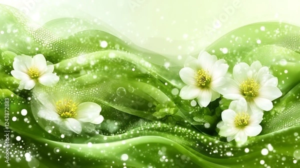 Obraz Delicate White Flowers on Green Wavy Background