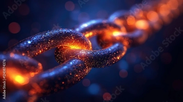 Fototapeta Close-up of a glowing chain link, showcasing intricate details and a vibrant bokeh background