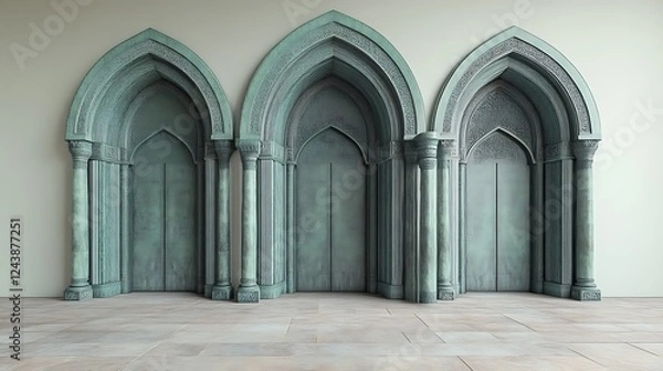 Obraz Three ornate arched doorways with columns stand in a room