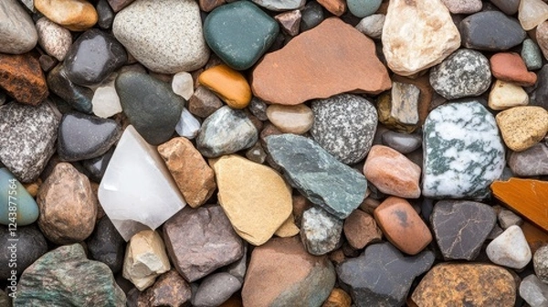 Fototapeta Varied collection of colorful stones and pebbles arranged naturally on a surface, showcasing the diversity of shapes and colors