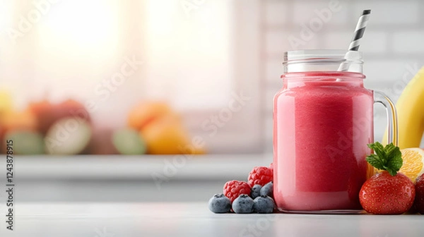 Fototapeta Fresh and vibrant fruit smoothie in a glass jar, garnished with berries and mint, perfect for a healthy lifestyle.