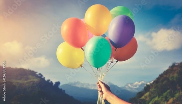 Obraz A vibrant and uplifting scene featuring a hand holding a bunch of colorful balloons against a breathtaking mountain landscape. The bright hues of the balloons contrast beautifully with the serene blue