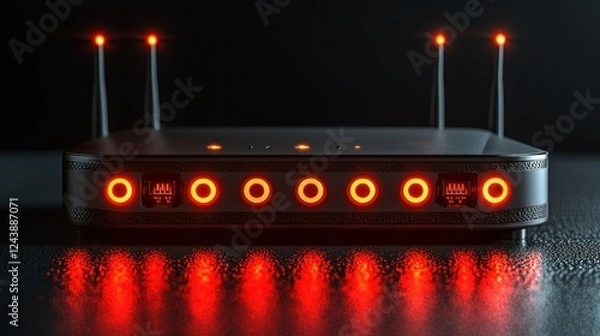 Fototapeta Dark Network Router with Red Lights, Reflective Surface, Tech Background