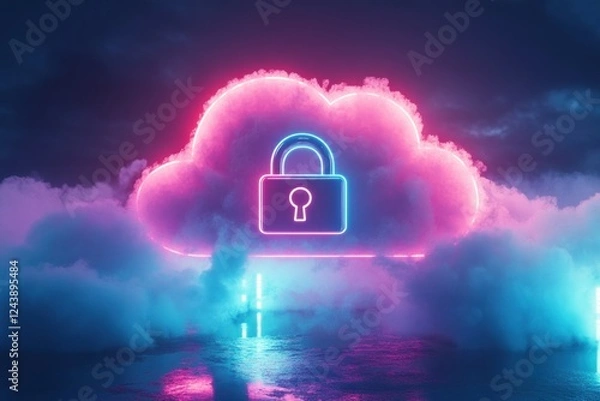 Fototapeta Neon Cloud with Lock Symbol Representing Data Security and Privacy in Digital Era