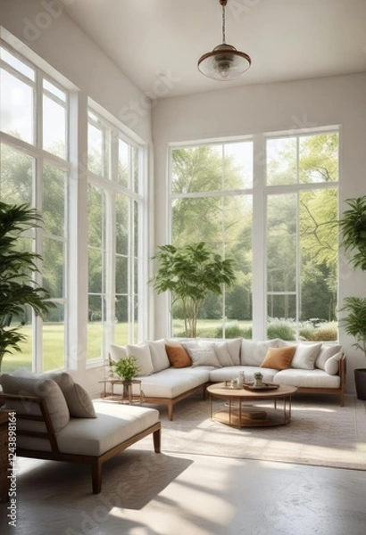 Fototapeta Bright and airy sunroom with floor-to-ceiling windows and cozy seating, bright, house, modern
