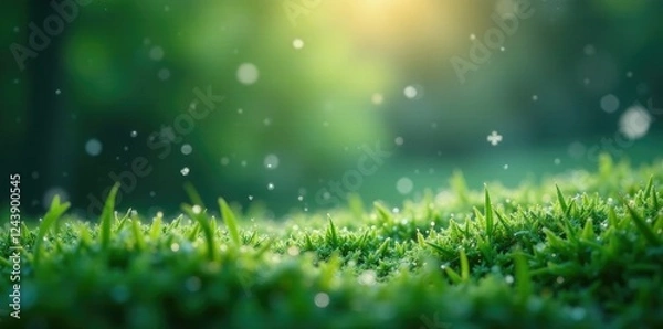 Fototapeta Sparkling snowflakes fall gently on a green landscape, frosty atmosphere, glitter rain