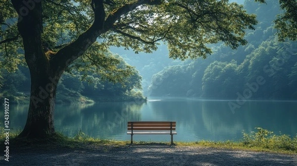 Obraz Empty park bench under a big tree