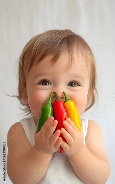 Fototapeta A joyful child holding colorful peppers, showcasing happiness and playfulness in a vibrant culinary context.