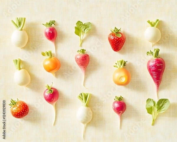 Obraz Colorful Radishes, Strawberries, Flatlay, Food Styling, Recipe