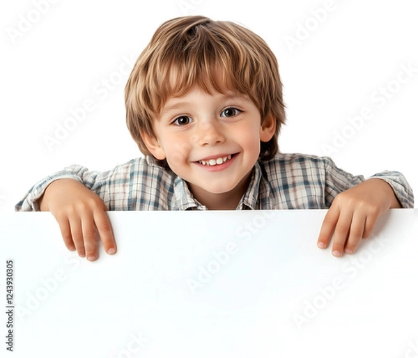 Fototapeta Happy toddler boy peeking over a blank sign, cheerful child with blond hair and plaid shirt, perfect for advertising or announcements, cutout, isolated on white background
