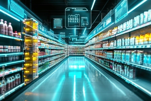 Fototapeta Smart supermarket aisle with advanced illuminated shelving