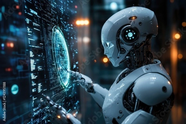 Fototapeta Robot interacts with futuristic digital interface screen