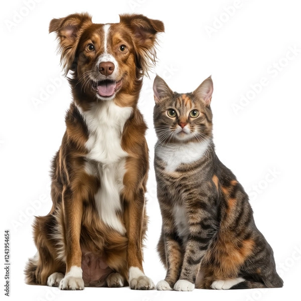Obraz A friendly dog and cat sitting side by side, showcasing their companionship in a bright, neutral setting, perfect for pet lovers