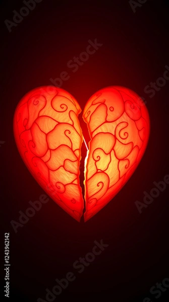 Obraz High-resolution stock photo of a graceful, elegant broken heart with refined features, illuminated with creative warm terracotta and cool teal light art
