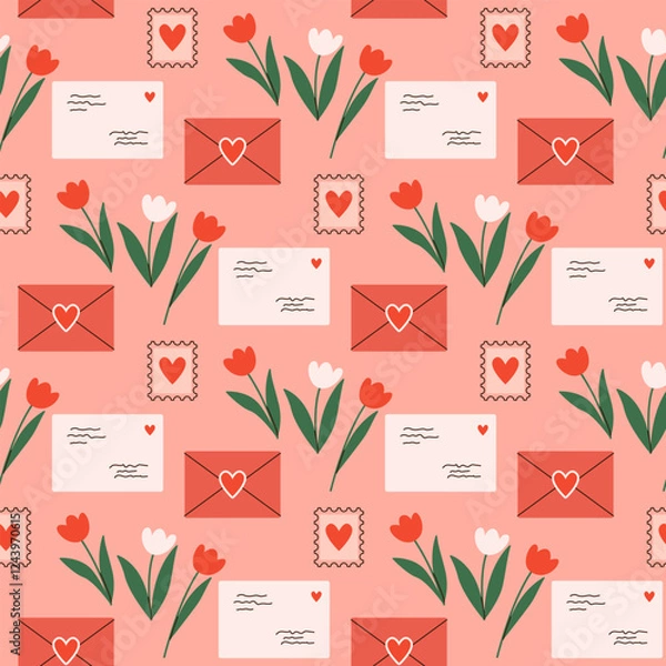 Fototapeta Vector seamless pattern with tulips, love letters, hearts. Valentines's Day repeated background, love mail