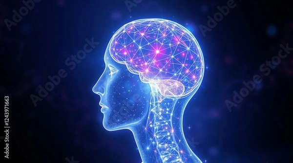 Fototapeta Human head generating connections and data inside brain, on blue background
