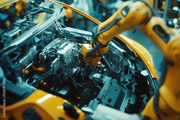 Fototapeta Automated robotic arm assembling a car in a futuristic factory.