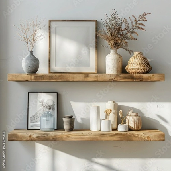Fototapeta Home storage organization featuring wood floating shelf with frames, vases on white wall in modern living room design