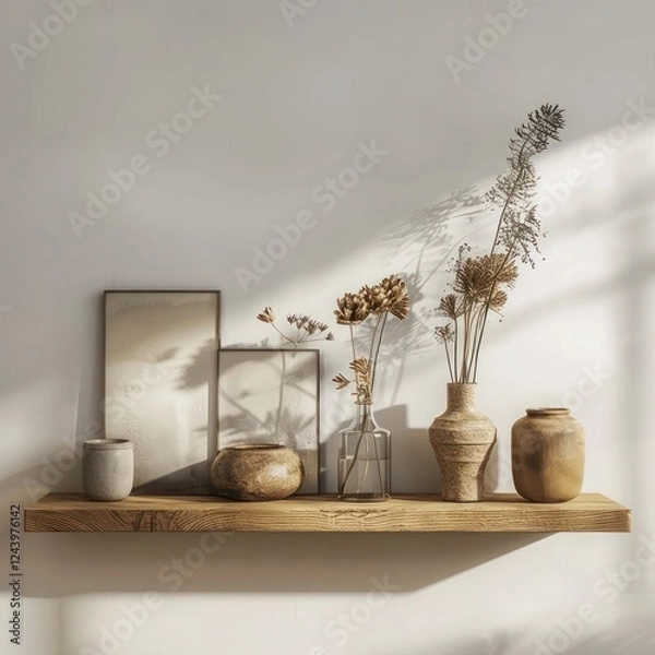 Fototapeta Storage organization solution for home interior with wood floating shelf, frames, vases on white wall in modern living room design